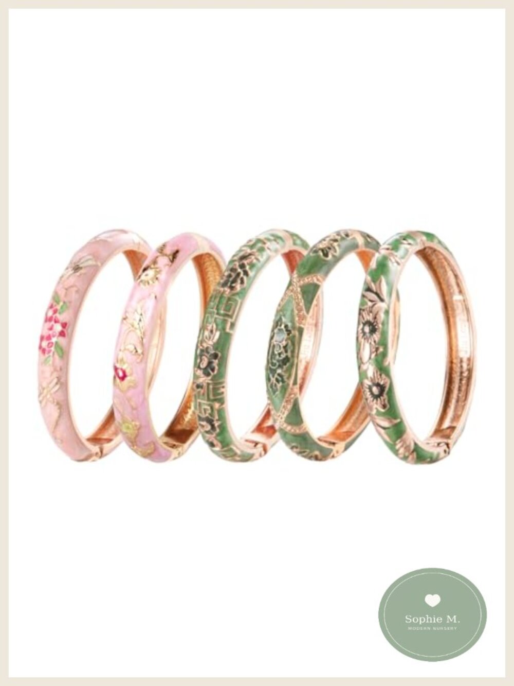 Enamel Cloisonne Bangle Bracelet Set 5 Pc Rose Flower Gold Plated